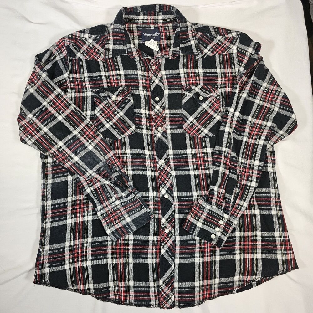 Wrangler Men's XL Long Sleeve Flannel Pearl Snap Black, Red, White